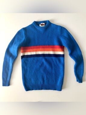 Topher Montreal Canada Vintage Bright Blue Striped Chunky Knit Sweater Youth 7-8